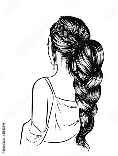 Fashion illustration of a girl with heathy long hairstyle. Hand-drawn braid for web, brochure, templates, post, business card.