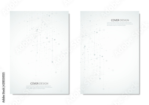 Technology and science vector brochure or cover design. Geometric abstract background with connected lines and dots.