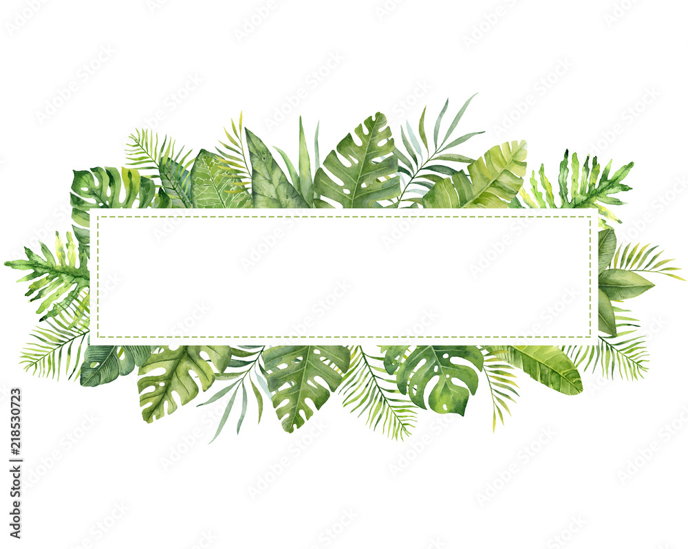 Watercolor hand painted frame with tropical green leaves and branches. Frame for wedding invitations, save the date or greeting cards..