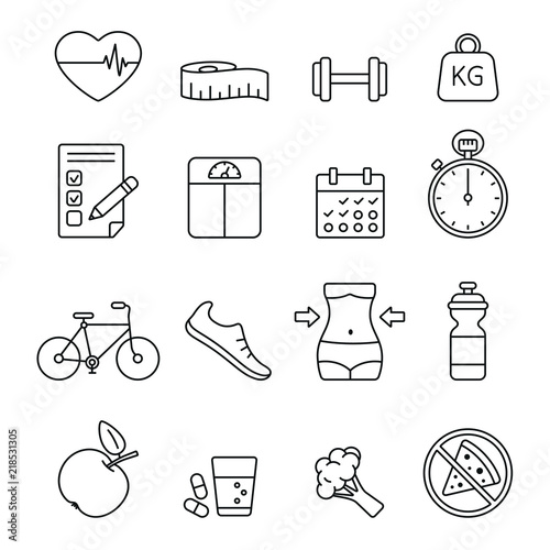 Diet and fitness related icons: thin vector icon set, black and white kit