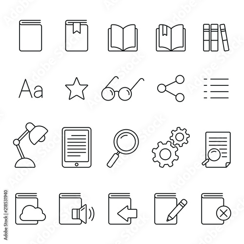 E-book reader related icons: thin vector icon set, black and white kit