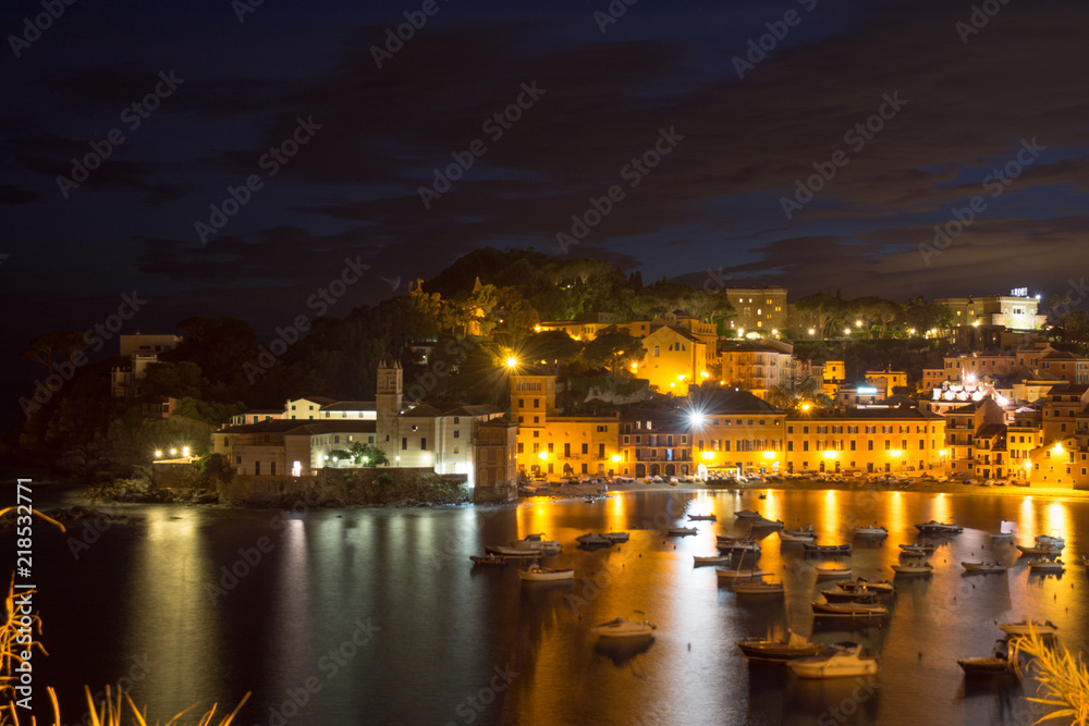 Romantic Time at The Bay of Sestri Levante at the Blue Hour in Summer With Boats Moored