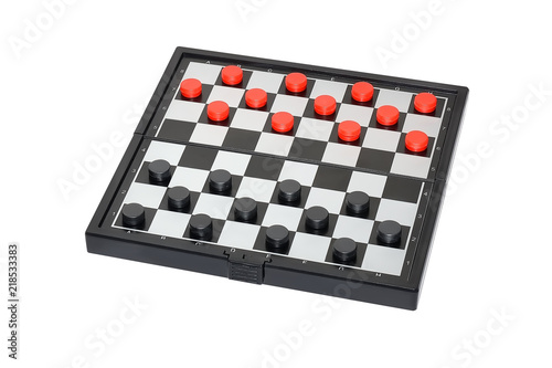 Checkers on the board isolated on white background