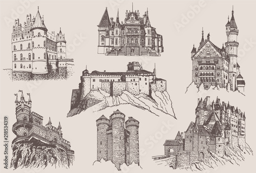 Graphical vintage  set of  medieval castles , castles of Germany, Crimea, France