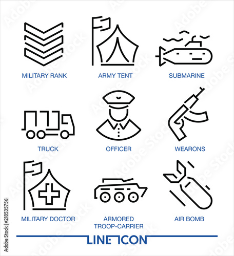 Set of thin line icons for military war and army EPS 8 photo