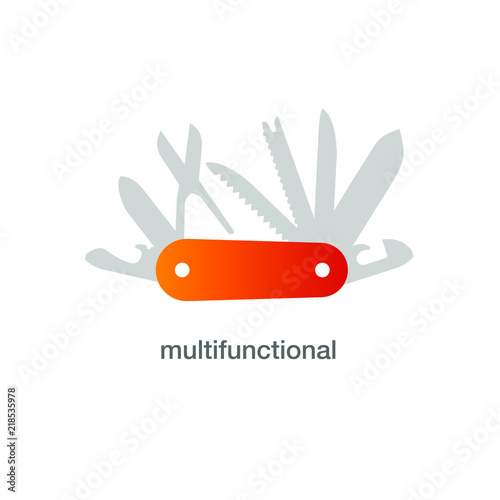 Multifunctional logo; Red Swiss folding knife flat icon vector; Folding knife; multi-tool instrument sign vector 