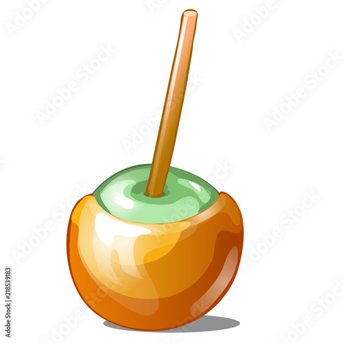 Single candy apple dipped in caramel with stick isolated on white background. Handmade sweetness is toffee apple. Vector illustration.