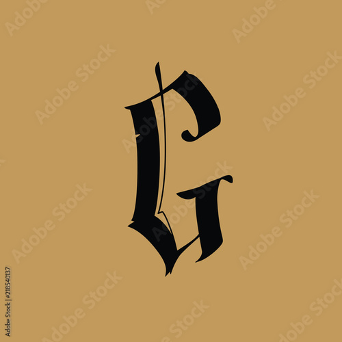 Letter G, in the Gothic style. Vector. Alphabet. The symbol is isolated on a golden background. Calligraphy and lettering. Medieval Latin letter. Logo for the company. Monogram. Elegant font for tatto