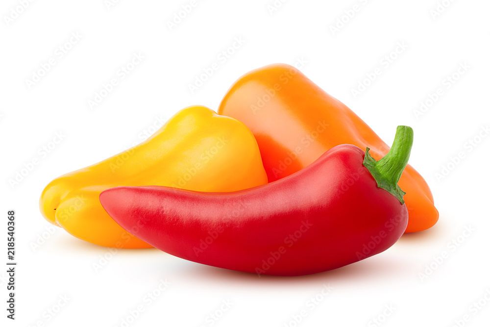 Three mini sweet peppers, red, yellow, orange, isolated on a white background, clipping path - obrazy, fototapety, plakaty 