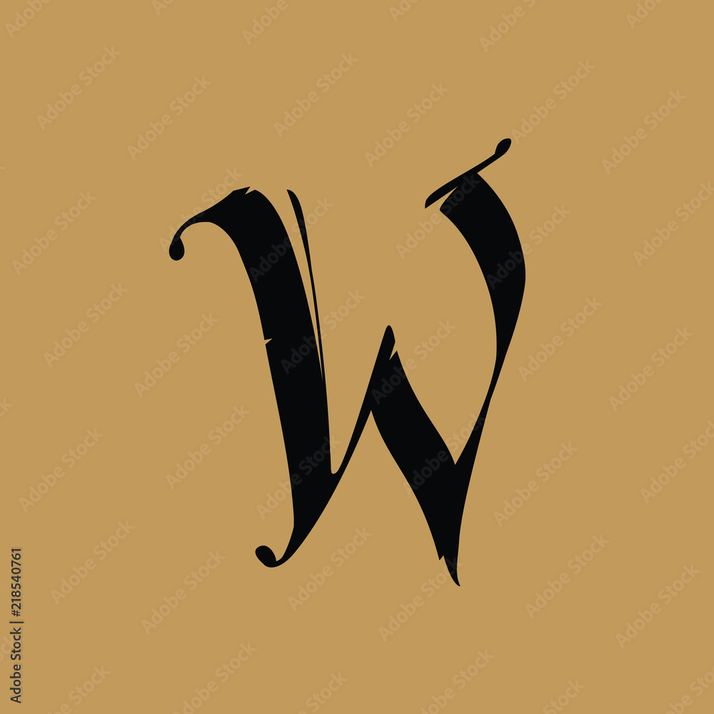 Letter W, in the Gothic style. Vector. Alphabet. The symbol is isolated on  a golden background. Calligraphy and lettering. Medieval Latin letter. Logo  for the company. Monogram. Elegant font for tatto Stock