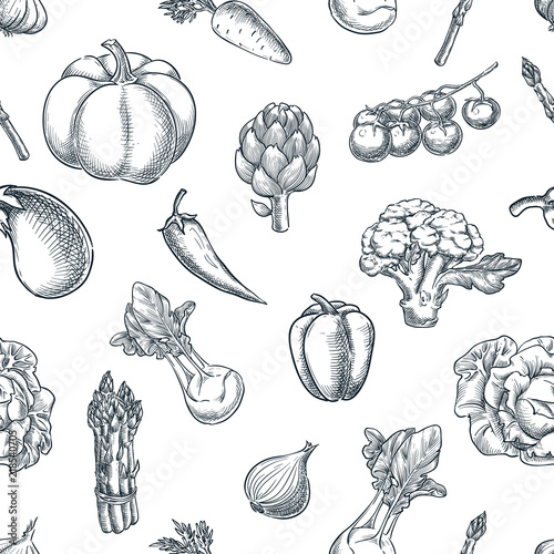Vegetables seamless black white pattern. Vector sketch illustration. Farming and harvesting background.