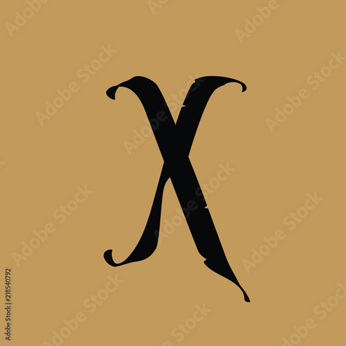 Letter X, in the Gothic style. Vector. Alphabet. The symbol is isolated on a golden background. Calligraphy and lettering. Medieval Latin letter. Logo for the company. Monogram. Elegant font for tatto