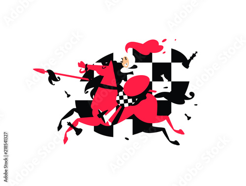 Illustration of a rider Pawns on horseback with a spear. Vector illustration. Character for the site, chess studio, school. Competitions in chess. Image is isolated on white background. Mascot.