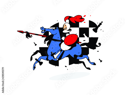 Chess character, pawn on horseback. Vector illustration. Image is isolated on white background. Character in the cartoon style. Pawn on horseback with a spear. A poster for the chess school.