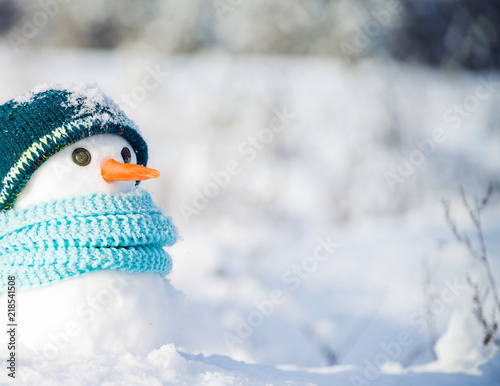 Little snowman in a cap and a scarf on snow in the winter. Christmas card with a lovely snowman, copy space © isavira