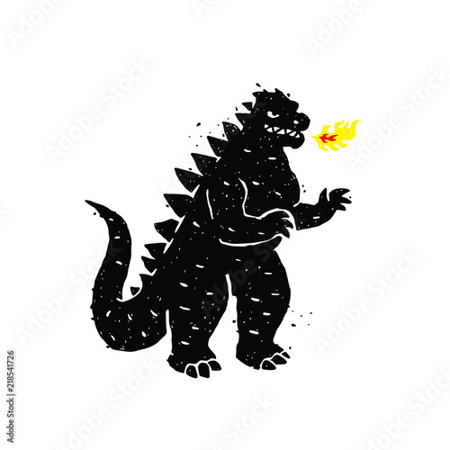 Illustration of fire-breathing, dragon, dinosaur. Vector illustration. A hero for a site, a banner or a store. Image is isolated on white background. Angry, but very cute character. Mascot. photo