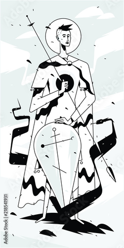 Orthodox icon of St. George. Vector image. Illustration of a Christian icon for print. Modern icon painting. The patron of Moscow. Cover. A warrior kills a snake. Black and white contour. photo