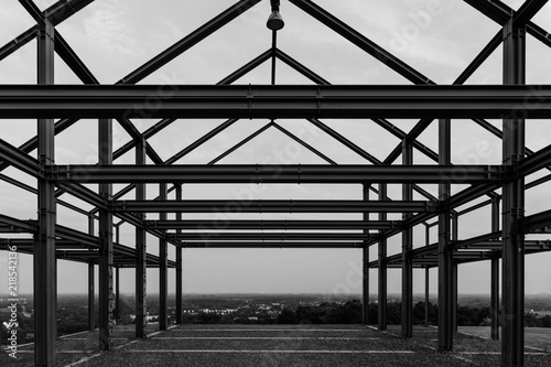 Black and white shot of industrial steel frame construction