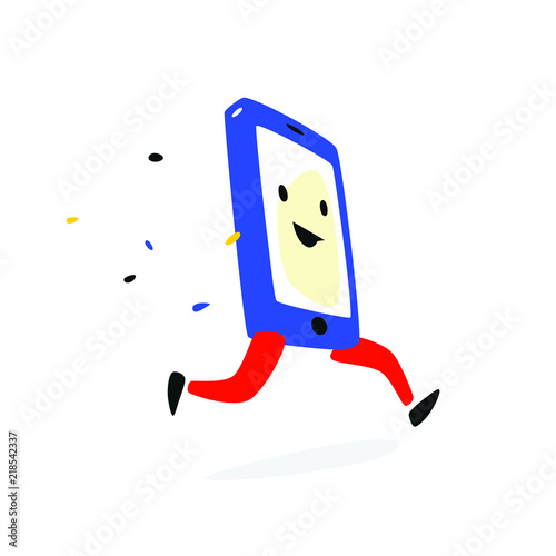 Cartoon character phone. Vector illustration. The mobile phone is running. The smartphone runs off on business. Image is isolated on white background. Flat illustration for banner, print and website. 