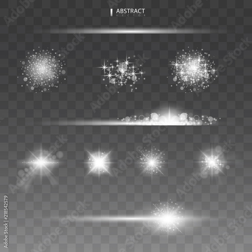 Set. Shining star, the sun particles and sparks with a highlight effect, color bokeh lights glitter and sequins. On a dark background transparent. Vector, EPS10