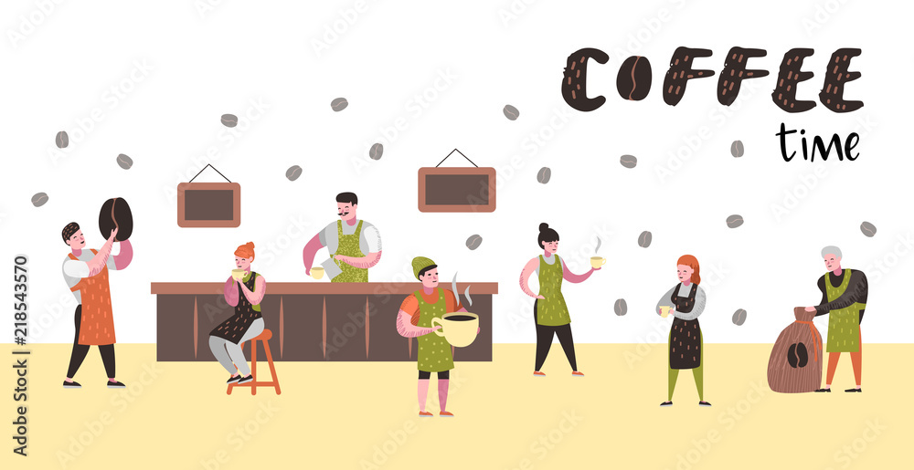 Obraz premium Barista Man and Woman Flat Characters in Coffee Shop. Cartoon Cafe Staff with Cup, Mug and Coffee Beans for Poster, Banner. Vector illustration