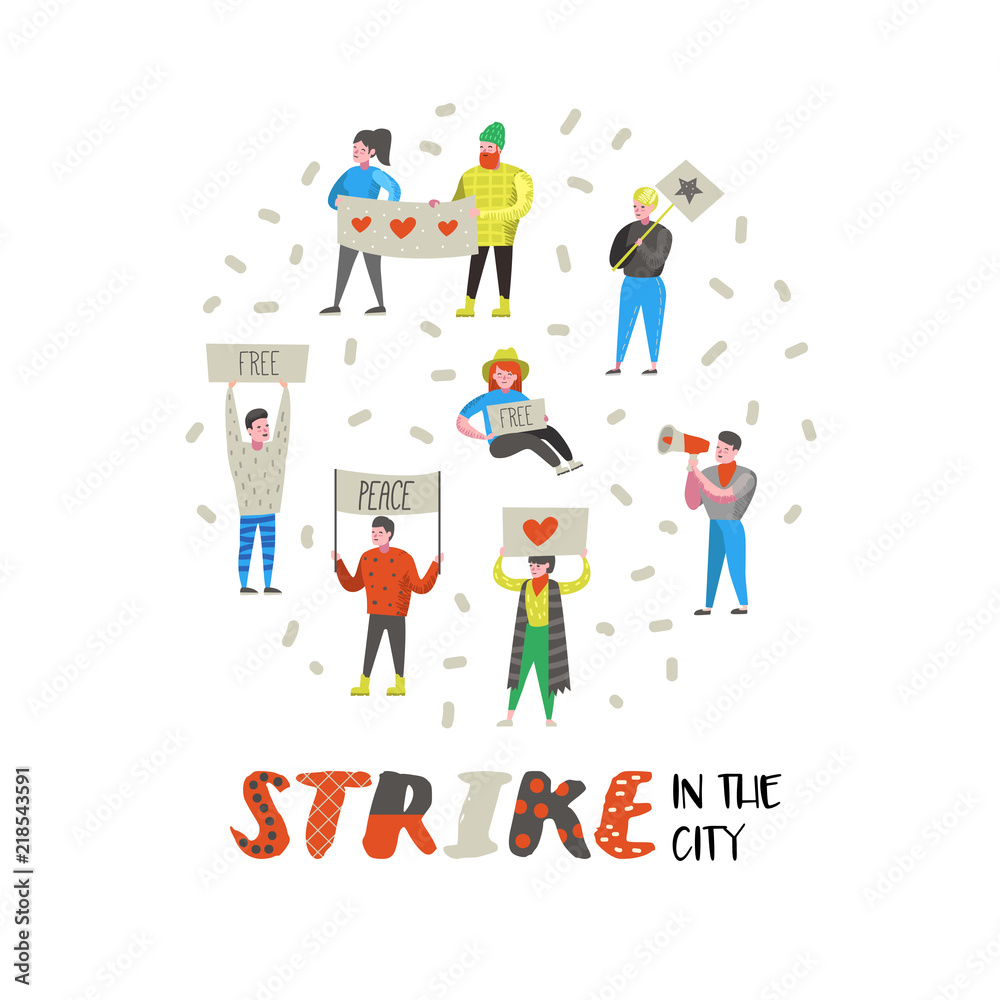 Fototapeta premium Group of Flat Angry People Protesting at Strike. Characters Picketing Against Something with Banners and Placards. Demonstration, Protest, Picket. Vector illustration