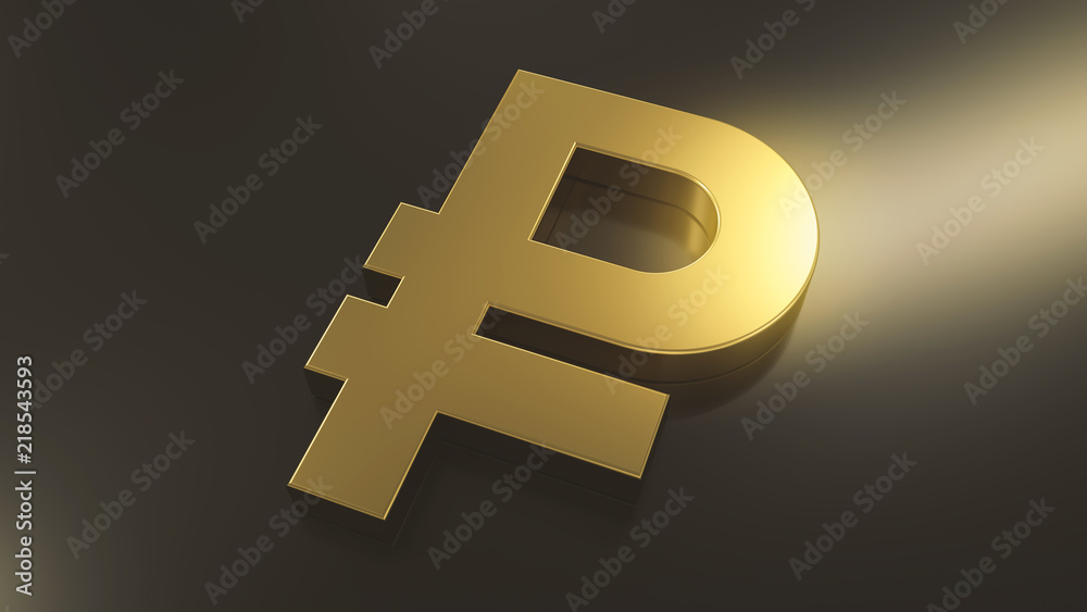 Obraz premium Golden ruble sign on top of black metal plane with a light source in the right side. Abstract currency composition. 3d rendering