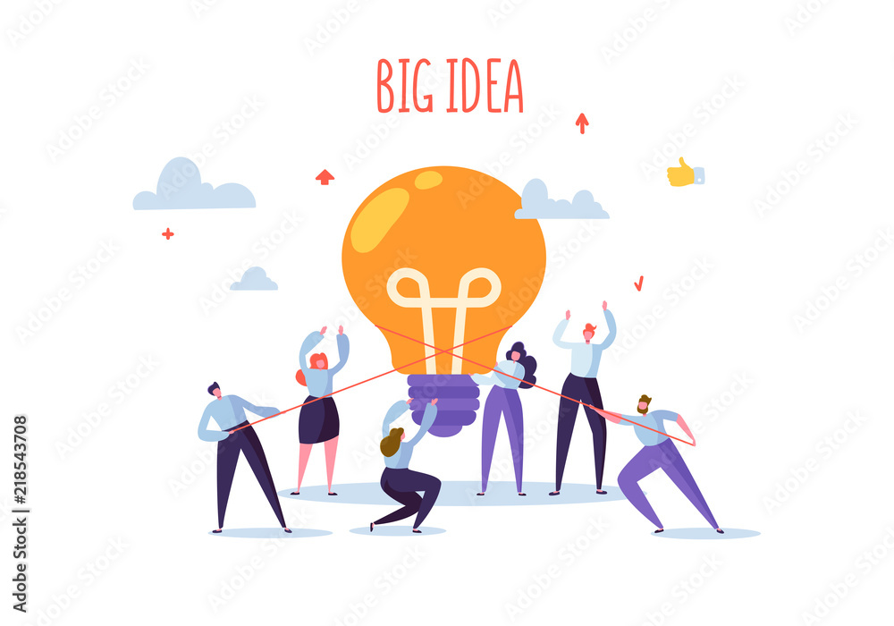 Flat Business People with Big Light Bulb Idea. Innovation, Brainstorming, Creativity Concept. Characters Working Together on new Project. Vector illustration Flat Business People with Big Light Bulb Idea. Innovation, Brainstorming, Creativity Concept. Characters Working Together on new Project. Vector illustration