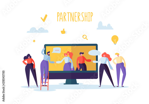 Business Partnership Online Meeting Concept. Flat People Characters Handshake. Coworking Creative Team Work. Vector illustration