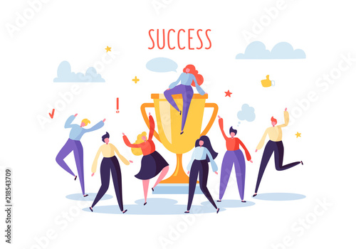 Business Team Success, Achievement Concept. Flat People Characters with Prize, Golden Cup. Office Workers Celebrating with Big Trophy. Vector illustration