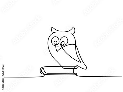 Continuous one line drawing. School wise Owl sitting on book. Vector illustration