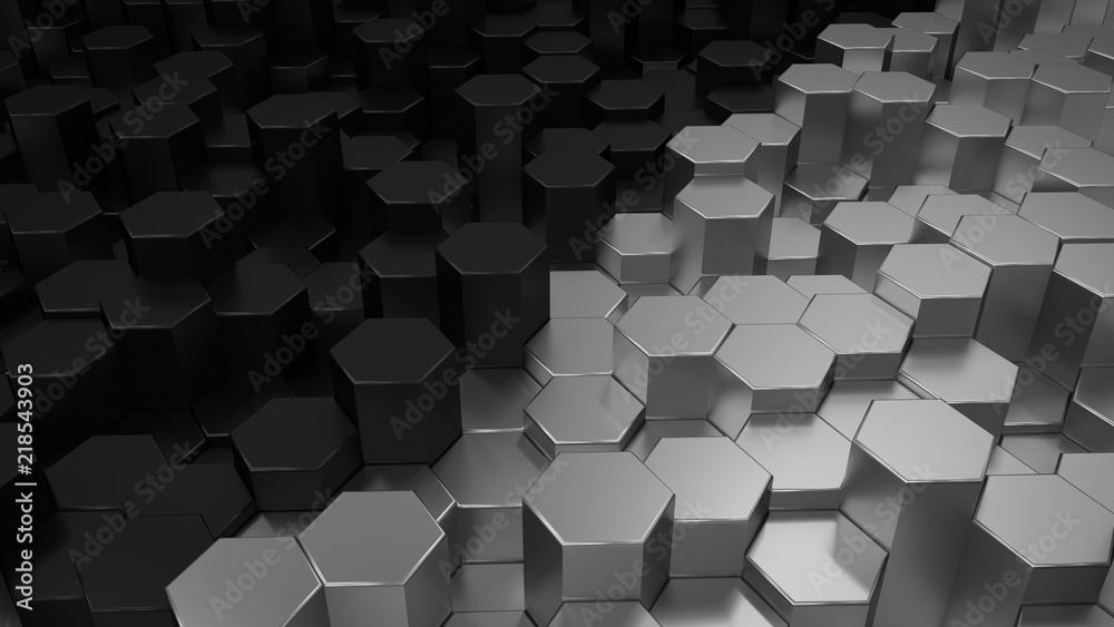 Fototapeta Streszczenie sześciokątne geometryczne tło. Struktura partii metalowych sześciokątów. Błyszczący wzór plastra miodu. Kreatywne elementy geometryczne. Cyfrowa koncepcja ropy i srebra. Renderowania 3d