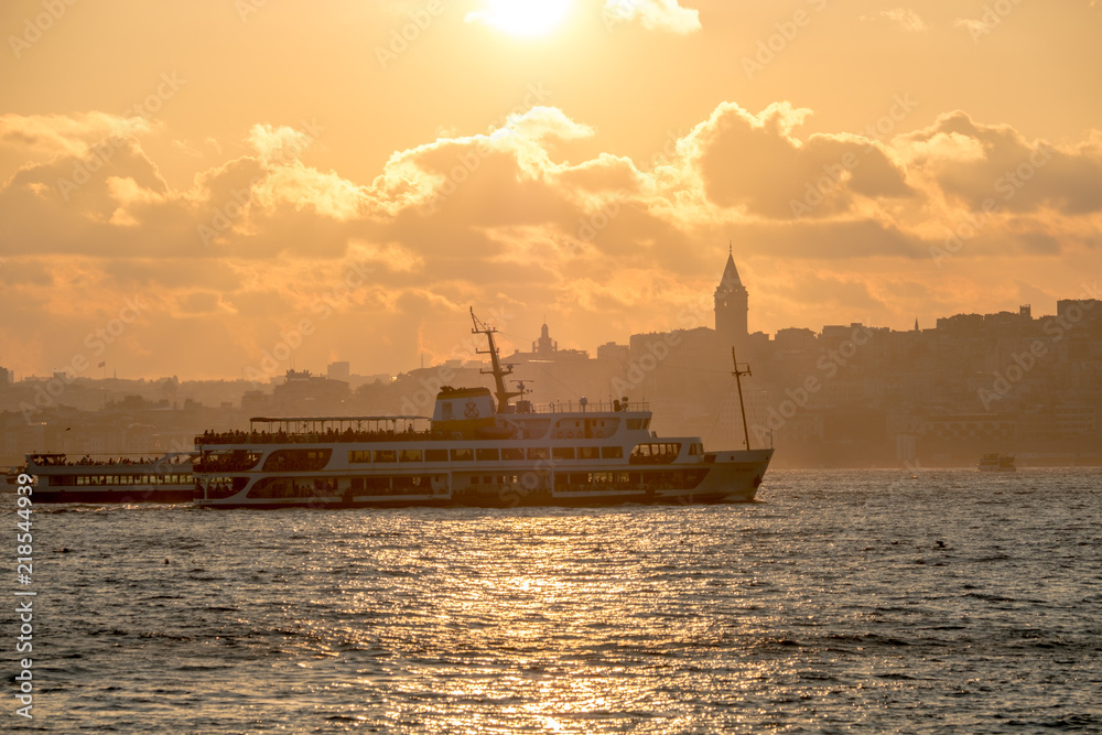 Panaromic View of Istanbul city and steamboats.