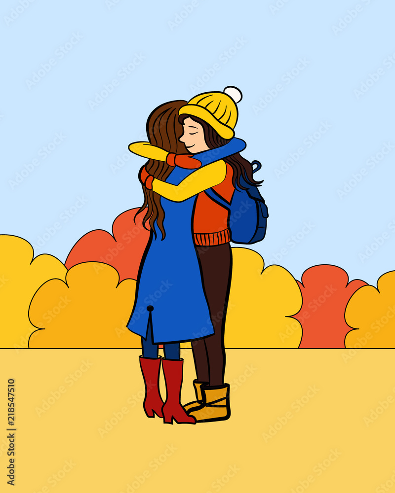 Vector cartoon illustration for greeting cards, poster with girls friends  who hugging. Friends are very happy