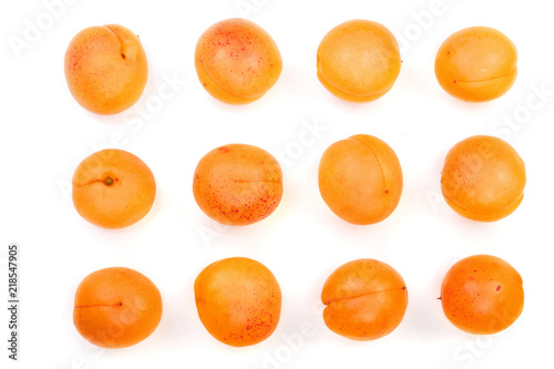 Apricot fruits isolated on white background. Top view. Flat lay pattern. Set or collection
