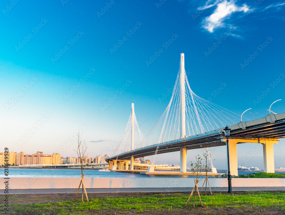 Embankment and bridge over the Neva of the Western High-Speed Diameter in St. Petersburg. Russia