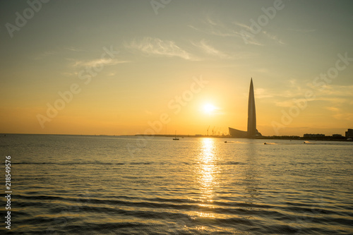 A beautiful sunset over the Lakhta Center in St. Petersburg. Russia