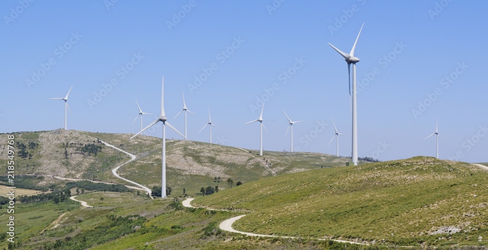 Panorama of wind turbines in the mountains, Portugal