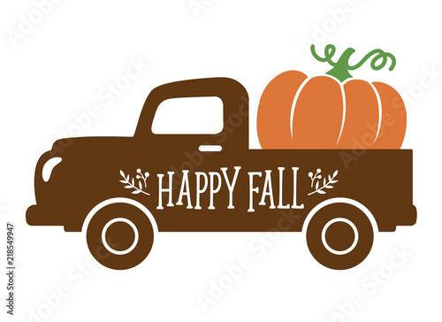 An old vintage truck with harvest pumpkin. Fall pumpkin vector illustration.