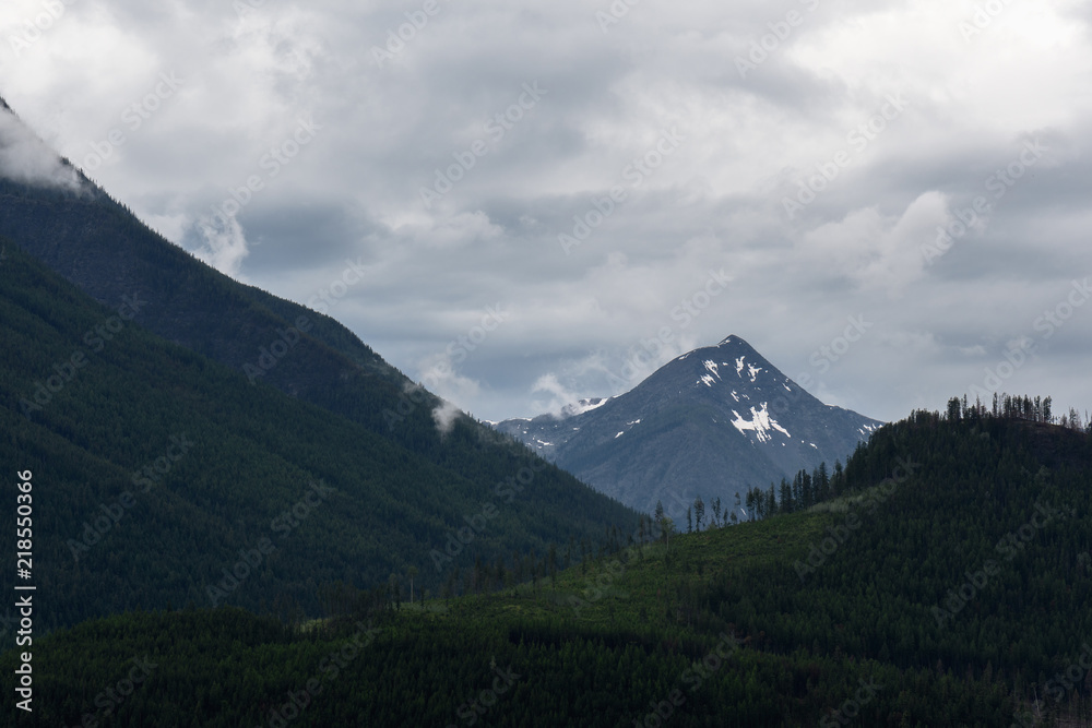 Canadian wilderness and deforestation on a stormy day in British Columbia
