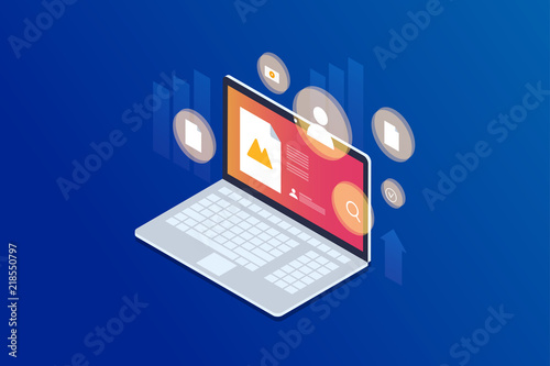 Concept of marketing technology. Optimization of website and search engines. Increasing conversion email, social media and content. Isometric vector illustration for web page, banner, presentation.