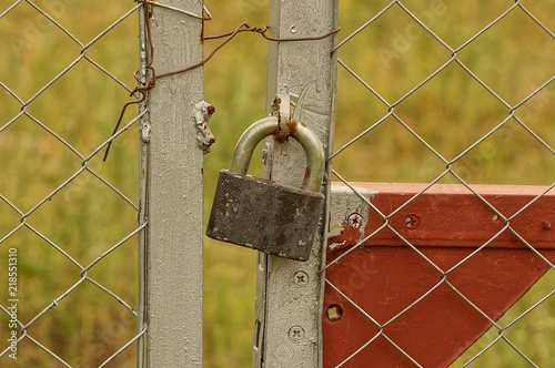 large gray and old padlock on an iron fence from a grid photo