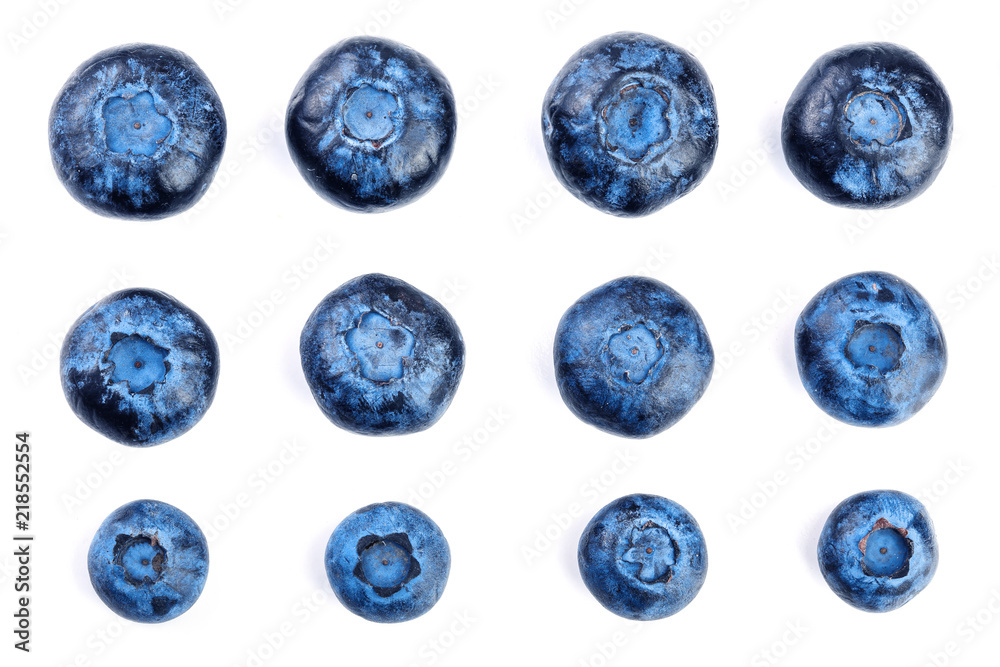 fresh ripe blueberry isolated on white background. Top view. Flat lay pattern. Set or collection