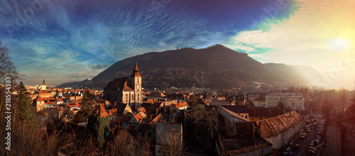 Brasov, Transylvania. Romania. Panoramic view of the old town and Tampa mountain photo