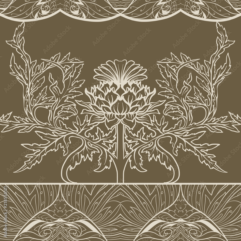 Fototapeta premium Seamless pattern with thistle flower, background in art nouveau style, vintage, old, retro style.
