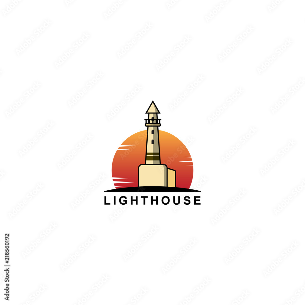 the lighthouse logo design, the lighthouse tower with the background of the sunset