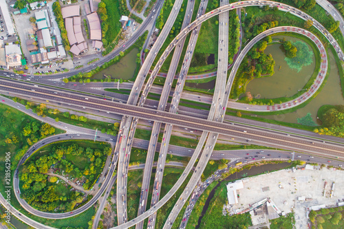 Aerial view transport city overpass road with vehicle movement