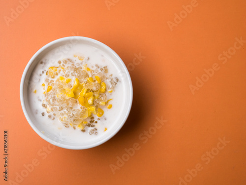 Thai dessert, tapioca pearls in coconut milk top view