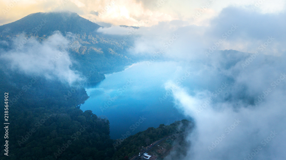 Aerial : cloudy weather at Twin Lake area,North Bali island,Indonesia