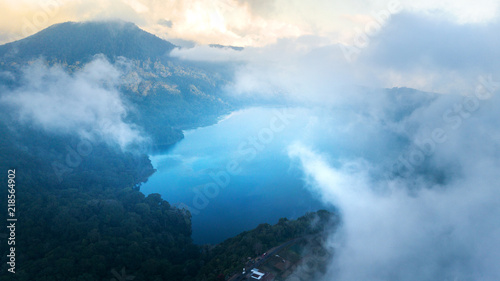 Aerial : cloudy weather at Twin Lake area,North Bali island,Indonesia